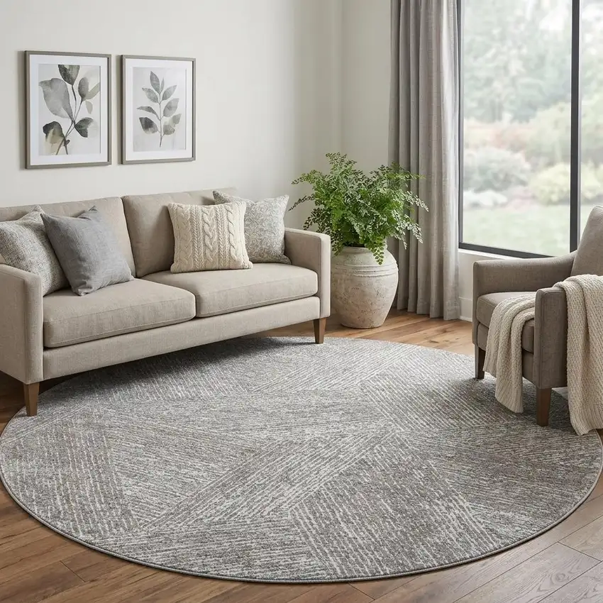 8' Gray And Silver Abstract Washable Round Rug With UV Protection Photo 1