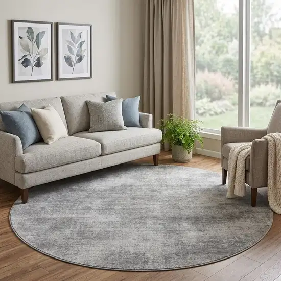 8' Gray And Silver Abstract Washable Round Rug With UV Protection Photo 1