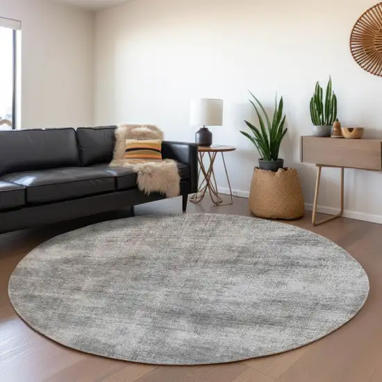 8' Gray And Silver Abstract Washable Round Rug With UV Protection Photo 3