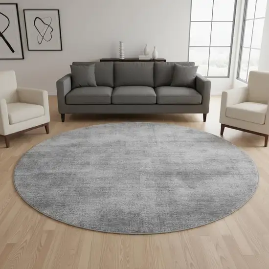 8' Gray And Silver Abstract Washable Round Rug With UV Protection Photo 2