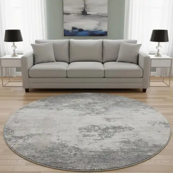 8' Gray And Silver Abstract Washable Round Rug With UV Protection Photo 2
