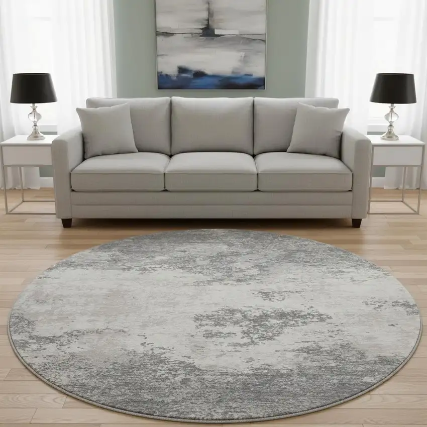 8' Gray And Silver Abstract Washable Round Rug With UV Protection Photo 2