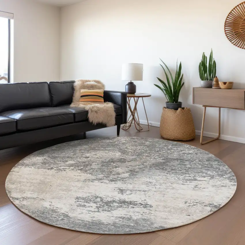 8' Gray And Silver Abstract Washable Round Rug With UV Protection Photo 4