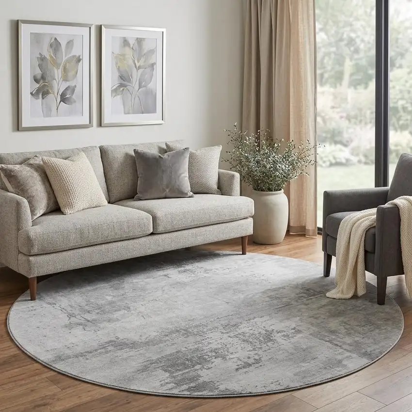8' Gray And Silver Abstract Washable Round Rug With UV Protection Photo 1