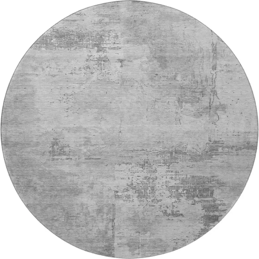 8' Gray And Silver Abstract Washable Round Rug With UV Protection Photo 2