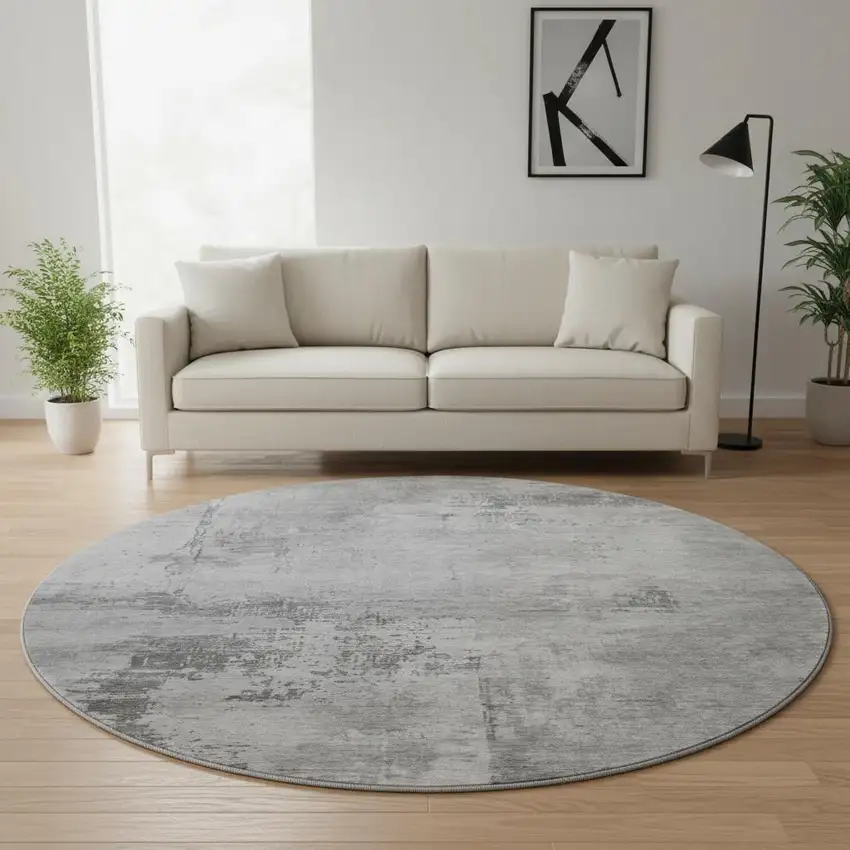 8' Gray And Silver Abstract Washable Round Rug With UV Protection Photo 2