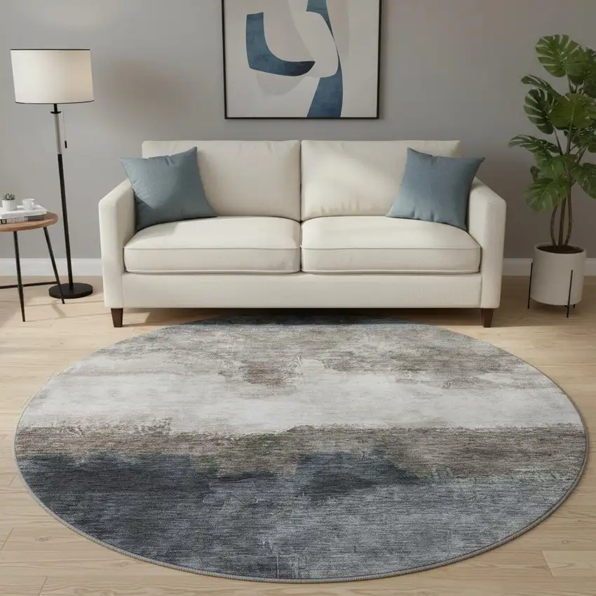 8' Gray And Silver Abstract Washable Round Rug With UV Protection Photo 2