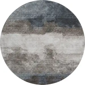 Photo of 8' Gray And Silver Abstract Washable Round Rug With UV Protection