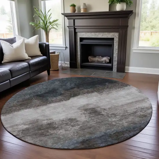8' Gray And Silver Abstract Washable Round Rug With UV Protection Photo 4