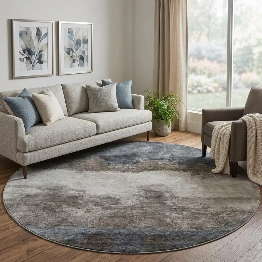 8' Gray And Silver Abstract Washable Round Rug With UV Protection Photo 1