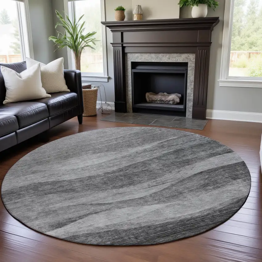 8' Gray And Silver Abstract Washable Round Rug With UV Protection Photo 3