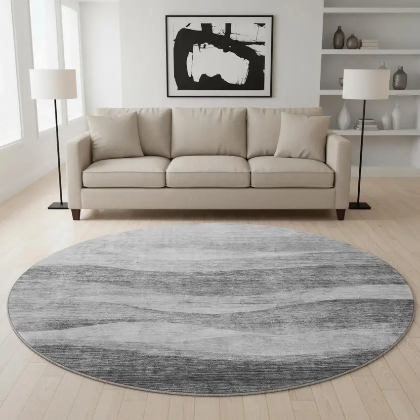 8' Gray And Silver Abstract Washable Round Rug With UV Protection Photo 2