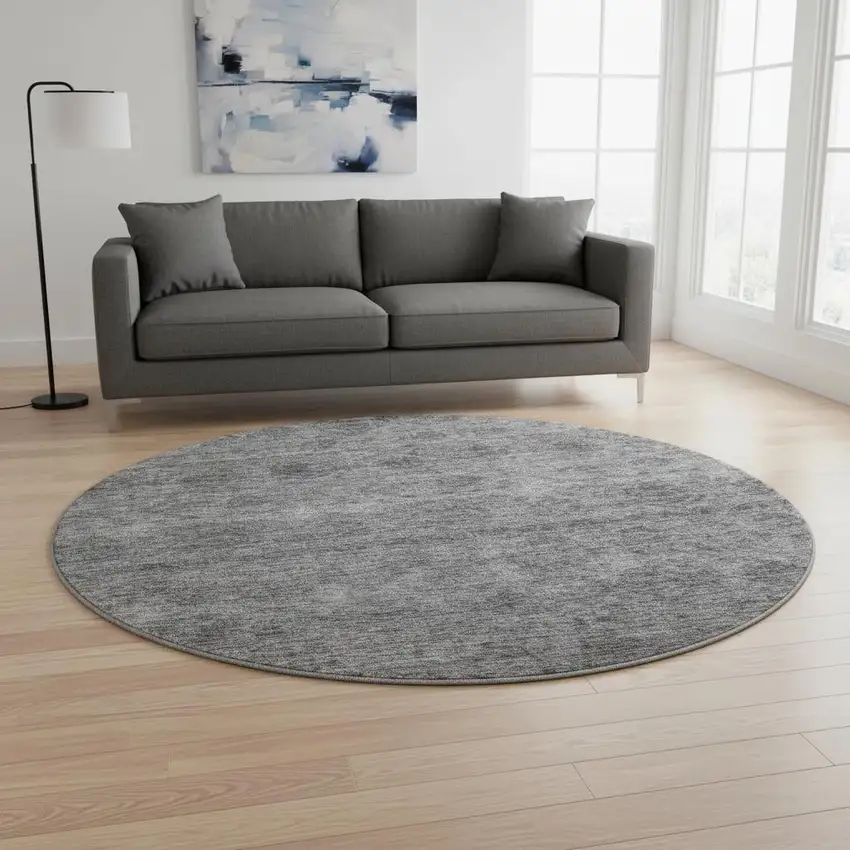8' Gray And Silver Abstract Washable Round Rug With UV Protection Photo 2