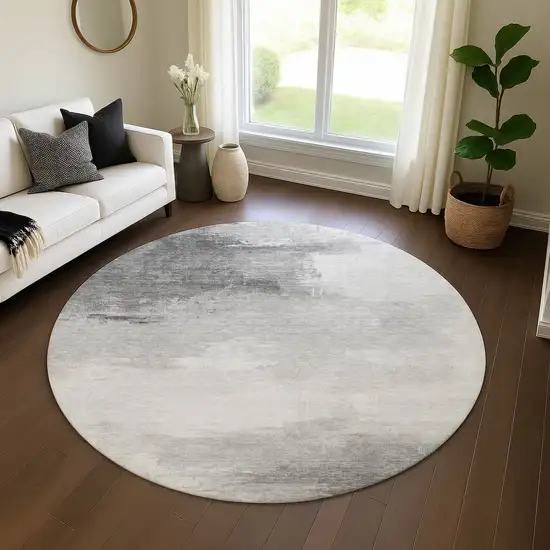 8' Gray And Silver Abstract Washable Round Rug With UV Protection Photo 4
