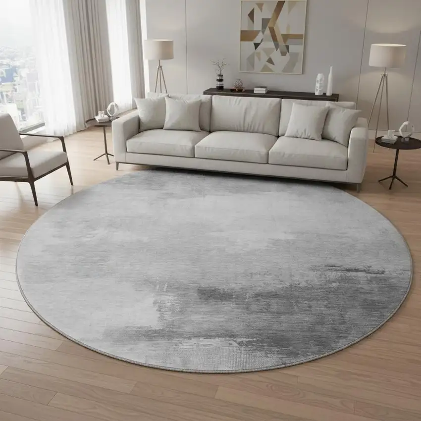 8' Gray And Silver Abstract Washable Round Rug With UV Protection Photo 2