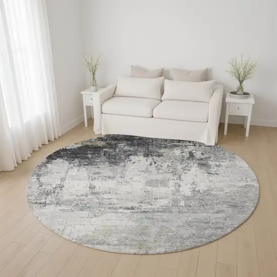 8' Gray And Silver Abstract Washable Round Rug With UV Protection Photo 4