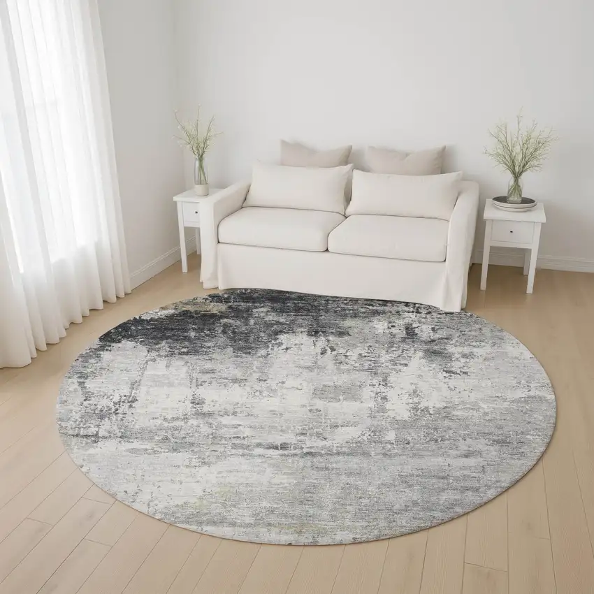 8' Gray And Silver Abstract Washable Round Rug With UV Protection Photo 4