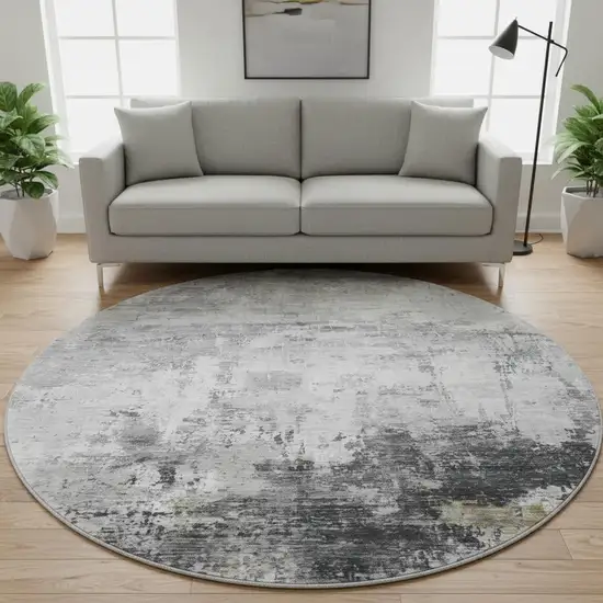 8' Gray And Silver Abstract Washable Round Rug With UV Protection Photo 2
