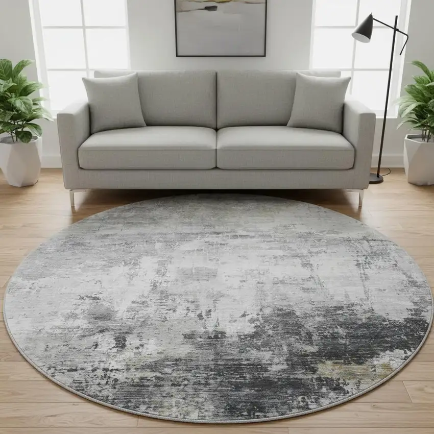 8' Gray And Silver Abstract Washable Round Rug With UV Protection Photo 2