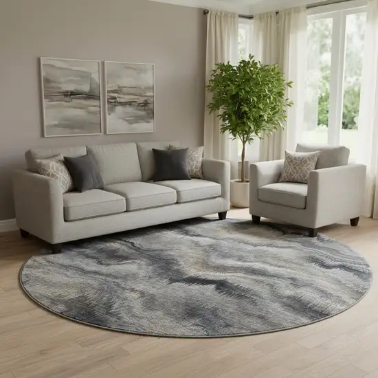 8' Gray And Silver Abstract Washable Round Rug With UV Protection Photo 2