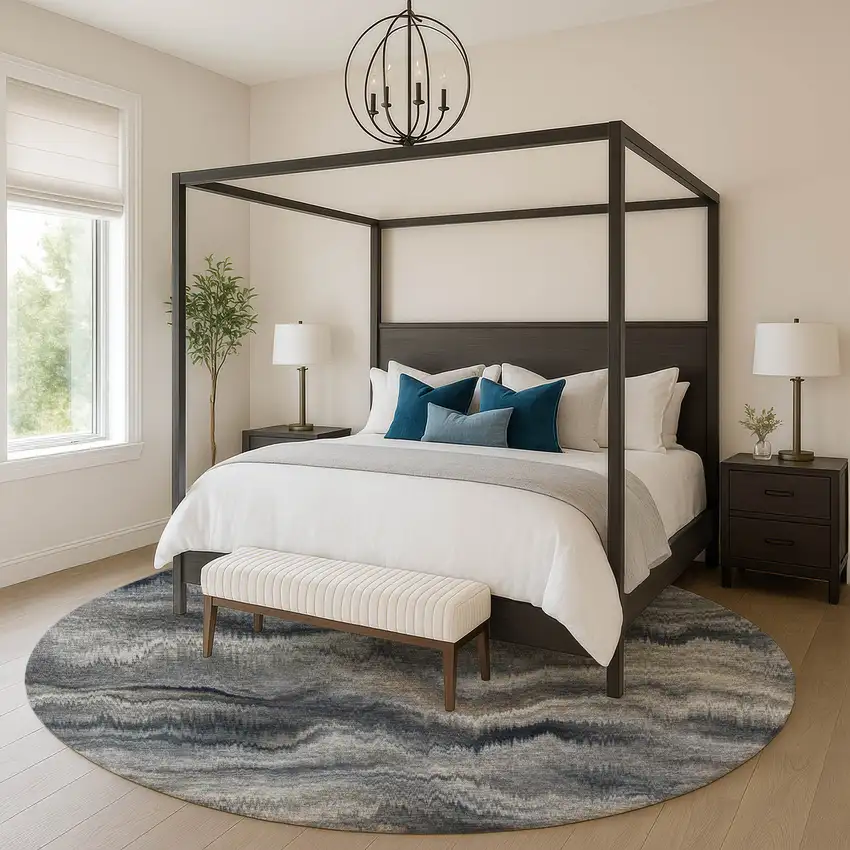 8' Gray And Silver Abstract Washable Round Rug With UV Protection Photo 5