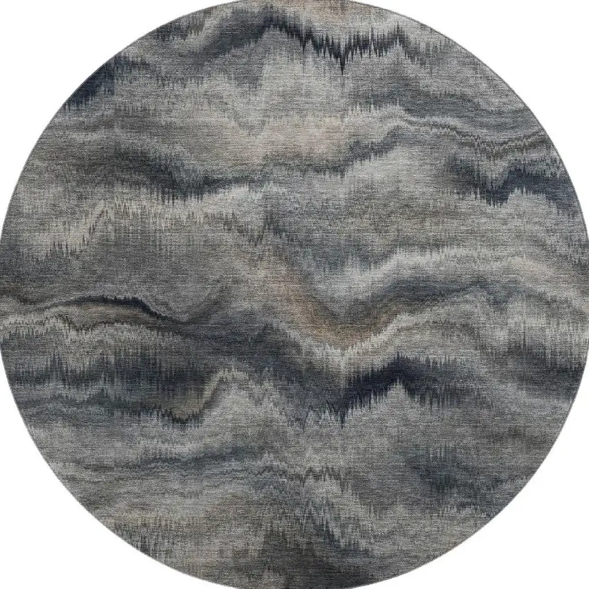 8' Gray And Silver Abstract Washable Round Rug With UV Protection Photo 4
