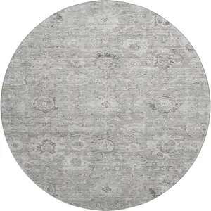 Photo of 8' Gray And Silver Damask Washable Round Rug With UV Protection