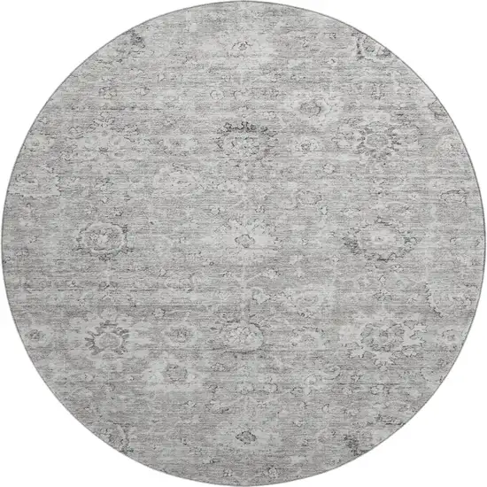 8' Gray And Silver Damask Washable Round Rug With UV Protection Photo 1