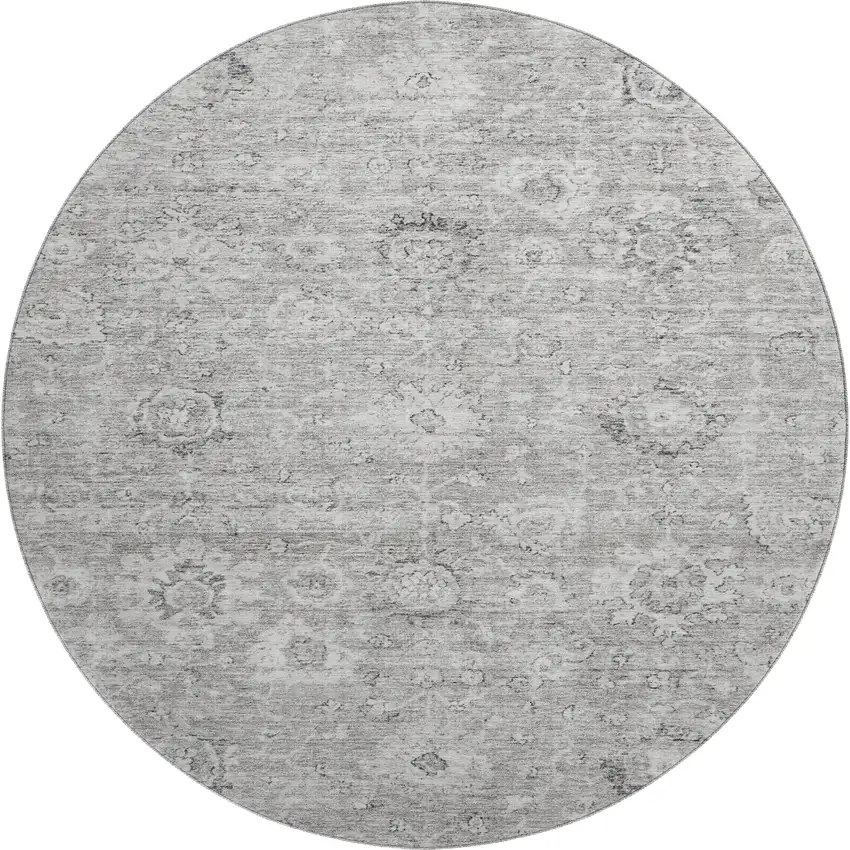 8' Gray And Silver Damask Washable Round Rug With UV Protection Photo 1