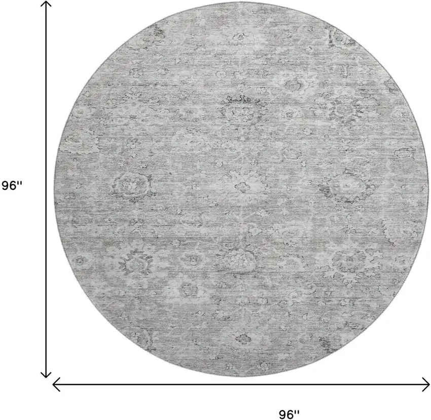 8' Gray And Silver Damask Washable Round Rug With UV Protection Photo 9