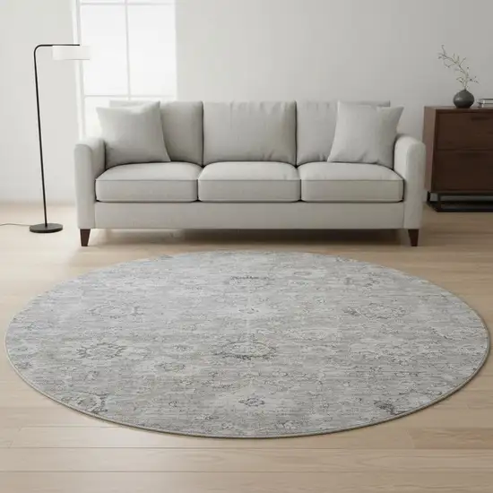 8' Gray And Silver Damask Washable Round Rug With UV Protection Photo 2
