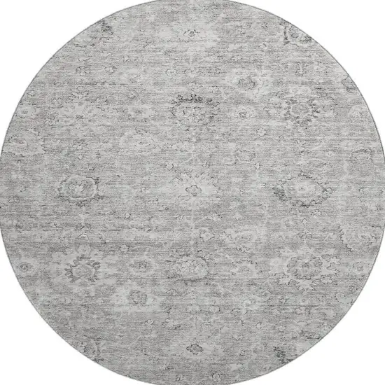 8' Gray And Silver Damask Washable Round Rug With UV Protection Photo 3