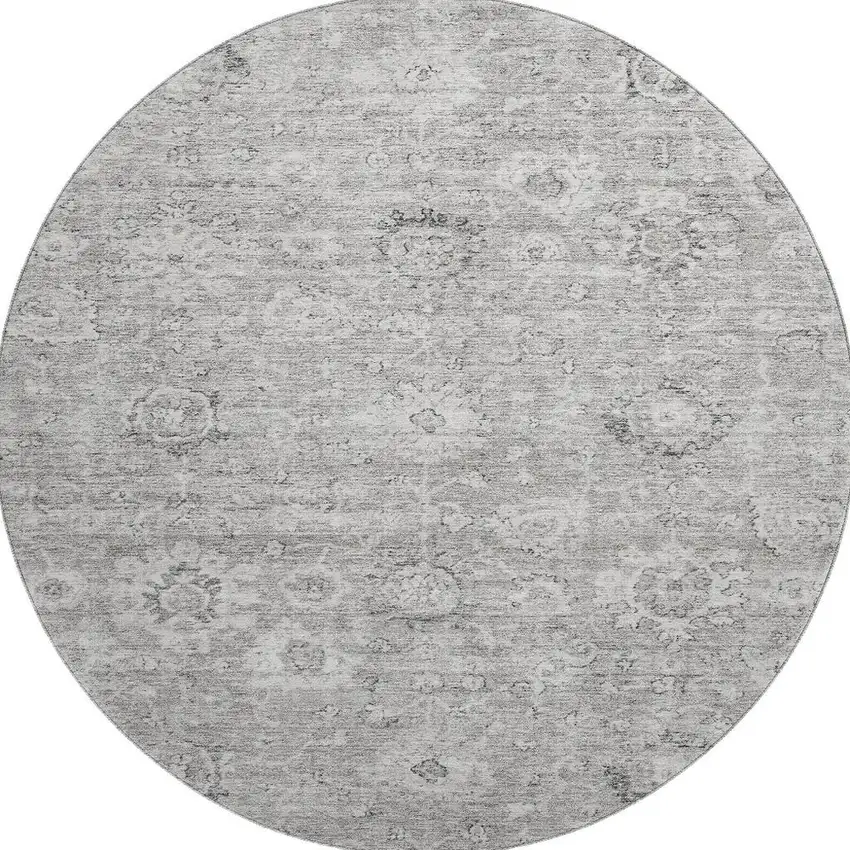8' Gray And Silver Damask Washable Round Rug With UV Protection Photo 3