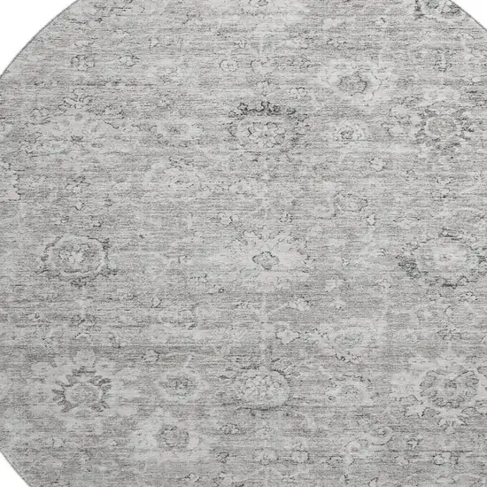 8' Gray And Silver Damask Washable Round Rug With UV Protection Photo 2