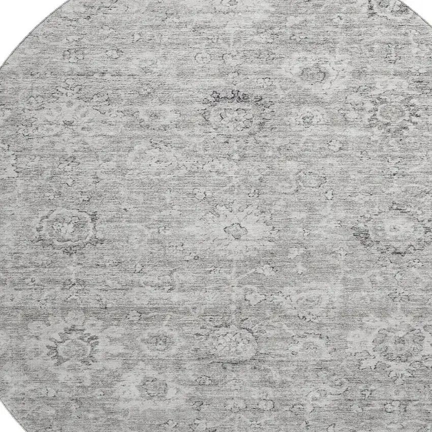 8' Gray And Silver Damask Washable Round Rug With UV Protection Photo 2