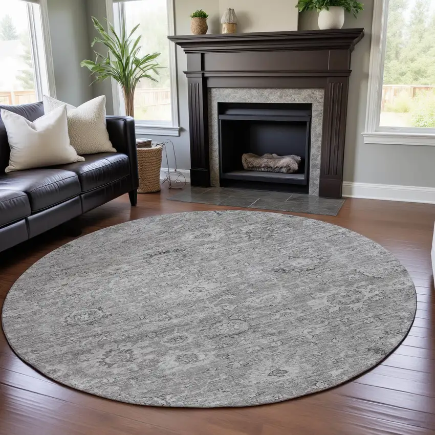 8' Gray And Silver Damask Washable Round Rug With UV Protection Photo 4