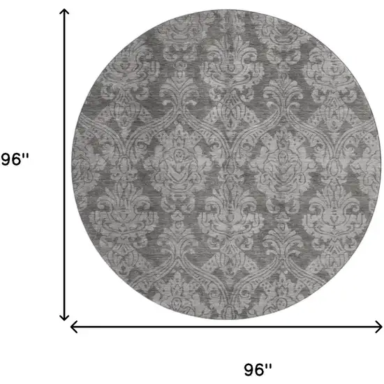 8' Gray And Silver Damask Washable Round Rug With UV Protection Photo 8
