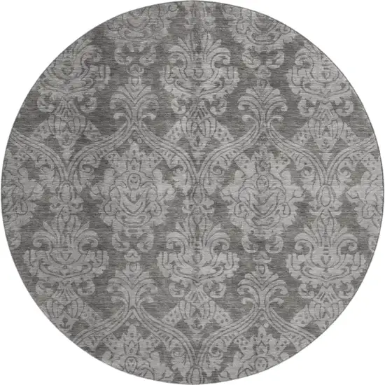 8' Gray And Silver Damask Washable Round Rug With UV Protection Photo 1