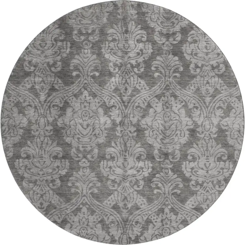 8' Gray And Silver Damask Washable Round Rug With UV Protection Photo 1