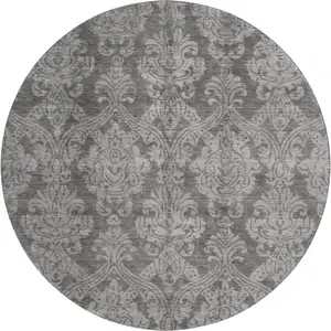 Photo of 8' Gray And Silver Damask Washable Round Rug With UV Protection