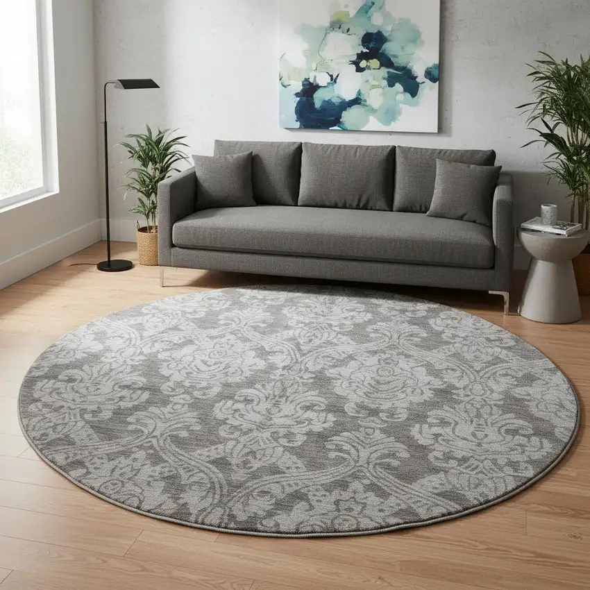 8' Gray And Silver Damask Washable Round Rug With UV Protection Photo 2