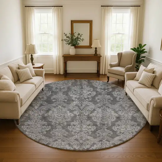 8' Gray And Silver Damask Washable Round Rug With UV Protection Photo 3