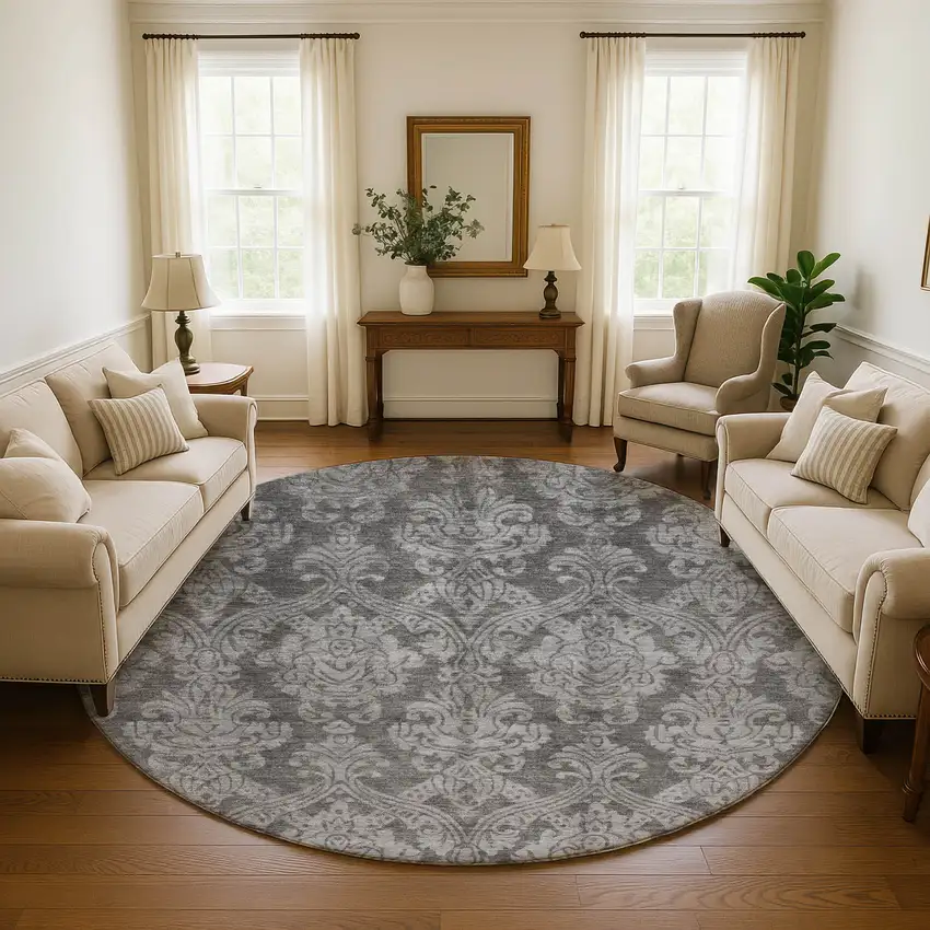 8' Gray And Silver Damask Washable Round Rug With UV Protection Photo 3