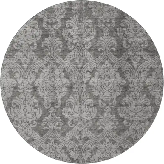 8' Gray And Silver Damask Washable Round Rug With UV Protection Photo 2