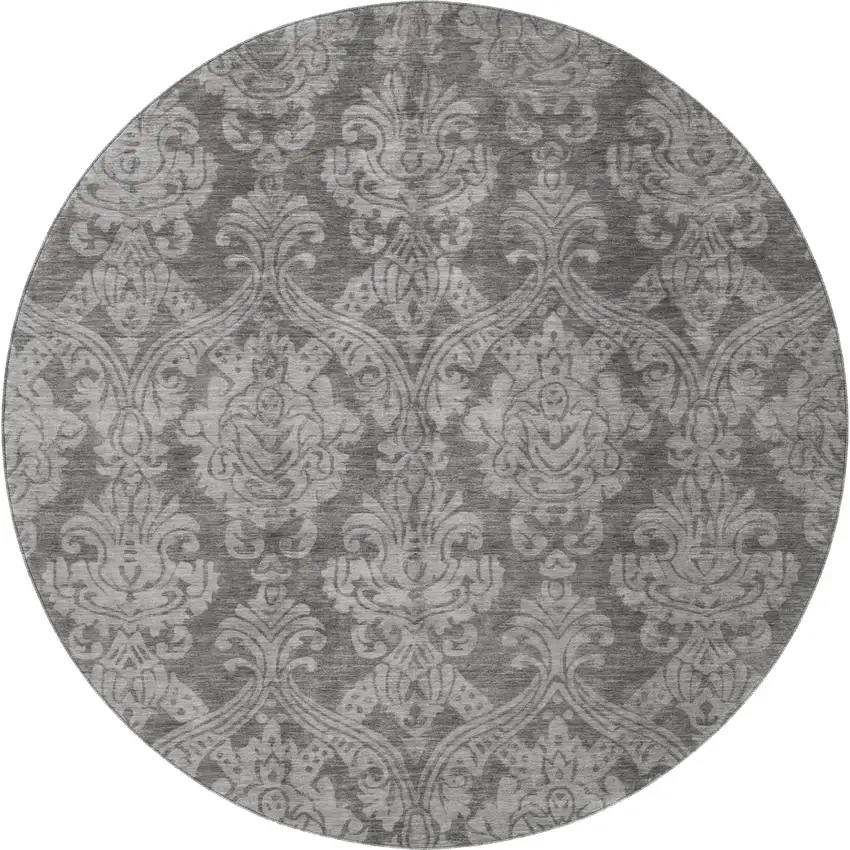 8' Gray And Silver Damask Washable Round Rug With UV Protection Photo 2