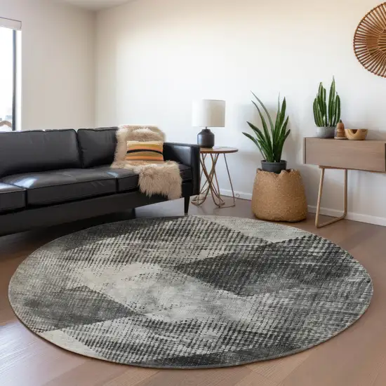 8' Gray And Silver Diamond Washable Round Rug With UV Protection Photo 3