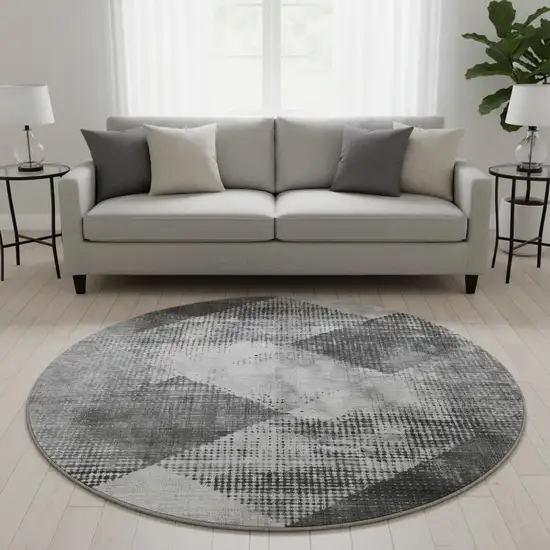 8' Gray And Silver Diamond Washable Round Rug With UV Protection Photo 2