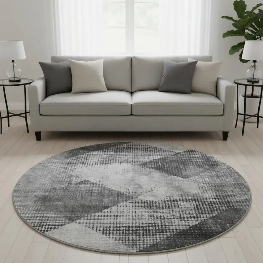 8' Gray And Silver Diamond Washable Round Rug With UV Protection Photo 2