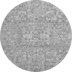 Photo of 8' Gray And Silver Floral Washable Round Rug With UV Protection