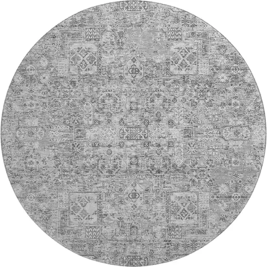 8' Gray And Silver Floral Washable Round Rug With UV Protection Photo 1